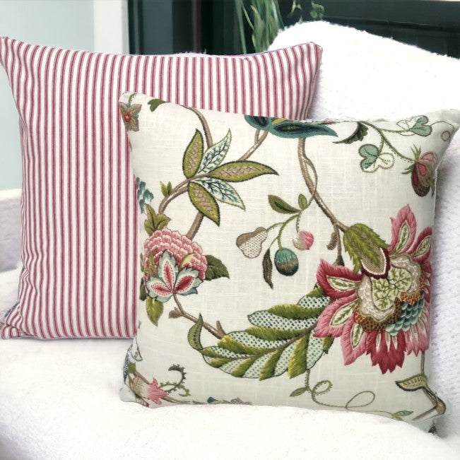 Raspberry Green Jacobean Floral Indoor Cushion Cover